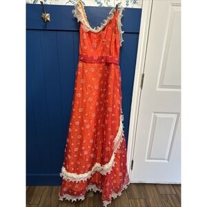 VTG Nadine Red-Orange Chiffon/ White Flocked Floral/ Halter‎ Ruffle Dress